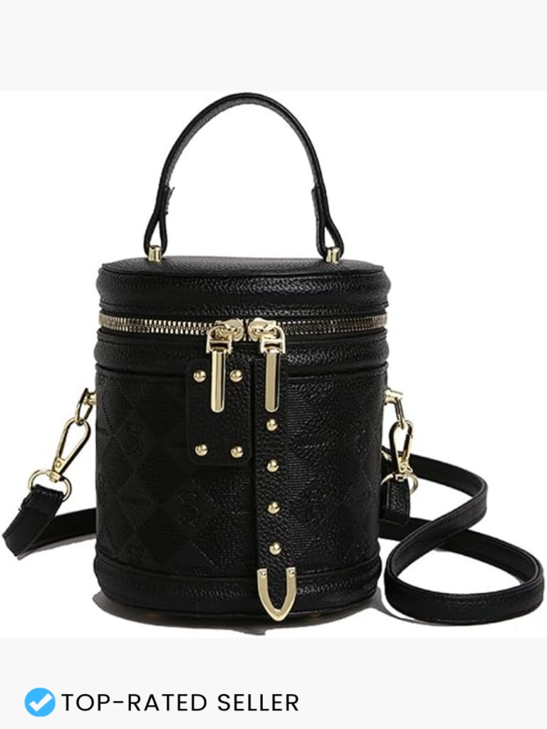 Mini Bucket Crossbody Bag Vegan Leather Quilted Cylinder Purse Gold Hardware
